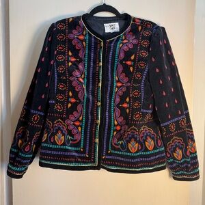 Vintage Saxton Hall Women’s Japanese Velvet Jacket – Size 14 –Black Ornate Print